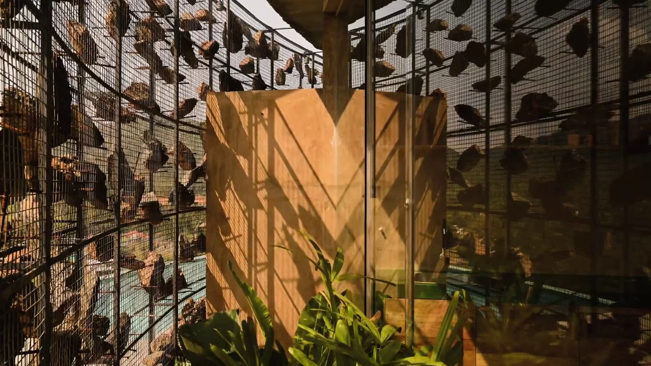 Dramatic sunlight filtering through the stone gabions casting intricate shadows onto the poured earth wall.